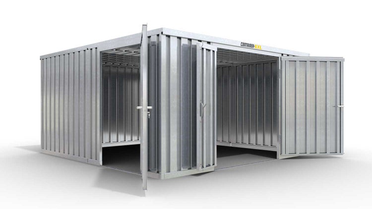 Lagercontainer Gerätehaus M2  – 12 qm, H2115 x B3050 x T4340 mm, verzinkt, ohne Fußboden, 1830 mm Doppelflügeltür mittig in Stirnseite und 1270 mm Einflügeltür mittig in Modul C, zerlegt