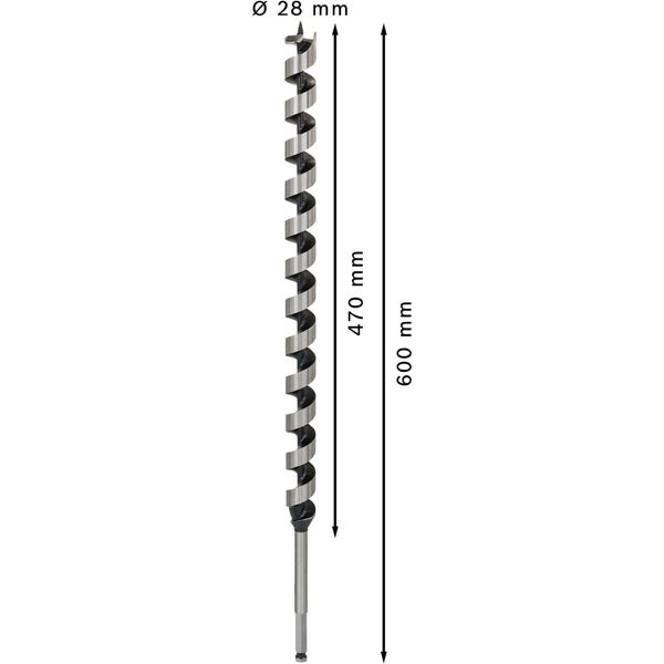 Holzspiralbohrer mit einem Durchmesser von 28 Millimetern, einer Länge von 600 Millimetern und einer Arbeitslänge von 470 Millimetern