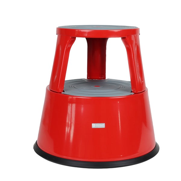 Roter Rollhocker aus Metall mit zwei Stufen und schwarzem Gummirand.