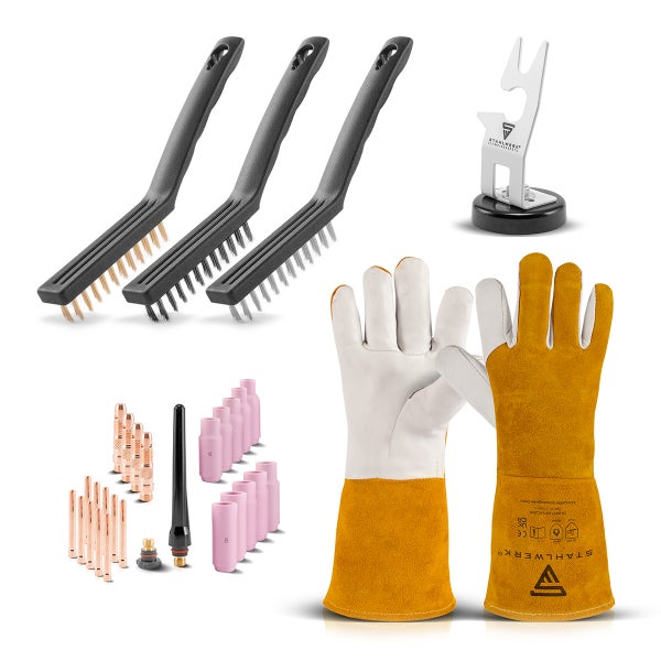 Schweißzubehör-Set mit Schweißhandschuhen aus Leder, Drahtbürsten, Magnet-Brennerhalter und Ersatzteilen wie Keramikdüsen und Stromdüsen.