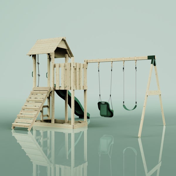 Spielplatz mit Schaukel und Rutsche aus Holz