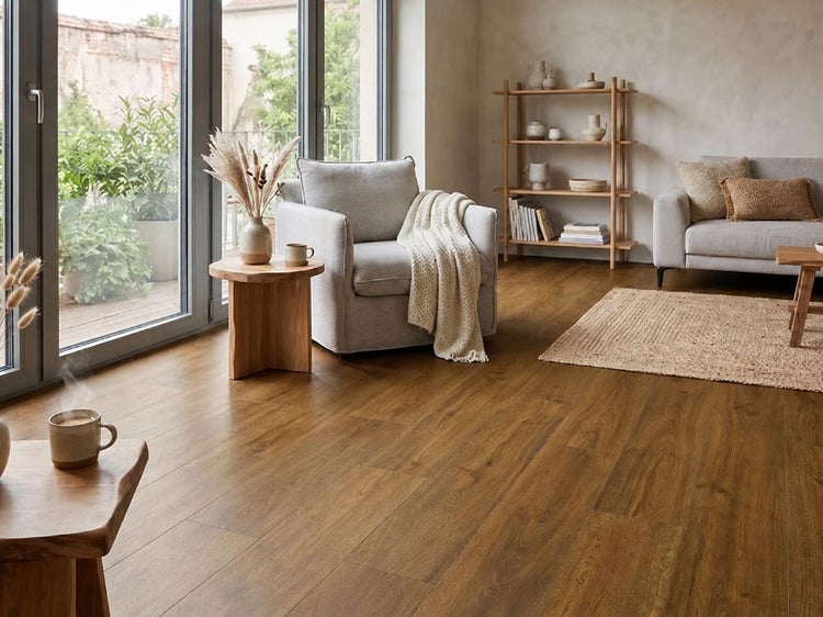 Helles Wohnzimmer mit Parkettboden in Holzoptik, Polstersessel, Sofa und Holzzubehör in einem modernen und einladenden Einrichtungsstil.