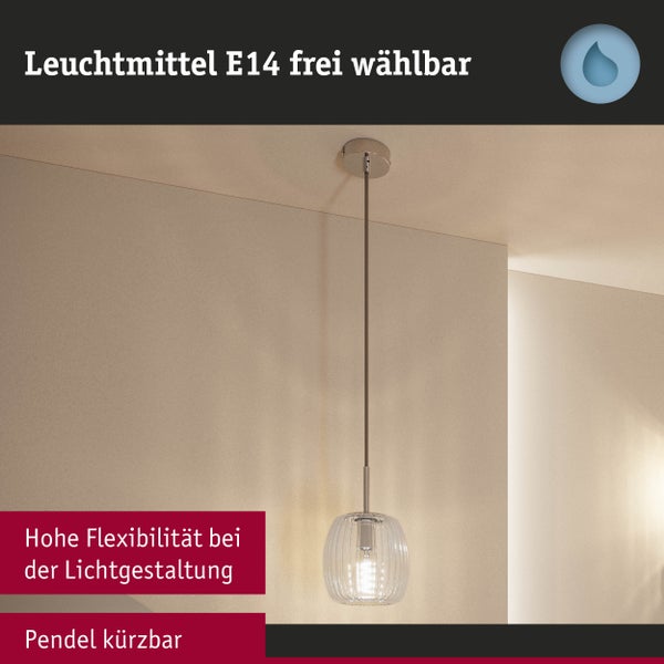 Moderne Pendelleuchte mit geriffeltem Glasschirm und kürzbarem Kabel. Geeignet für E14 Leuchtmittel und Feuchträume.