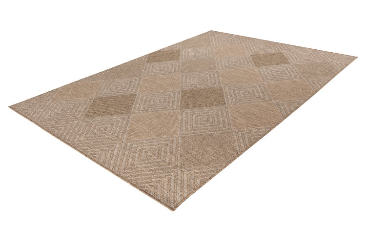 Rechteckiger Teppich mit geometrischem Rautenmuster in Weboptik für den Innenbereich und Außenbereich.