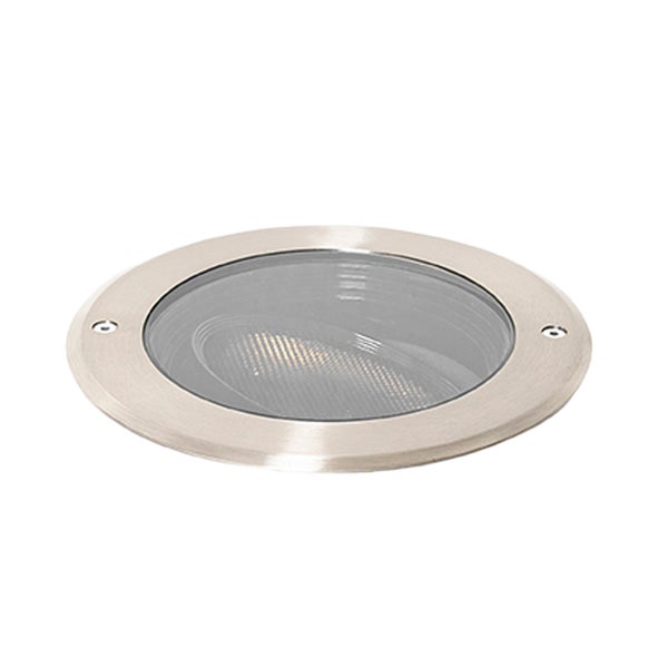Runder Bodeneinbaustrahler aus Edelstahl mit Glasabdeckung und zwei Schrauben.