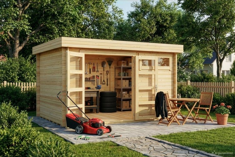 Gartenhaus aus Holz mit Flachdach, offener Doppeltür, Werkbank und Regalen im Innenraum, auf einer gepflasterten Terrasse im Garten.