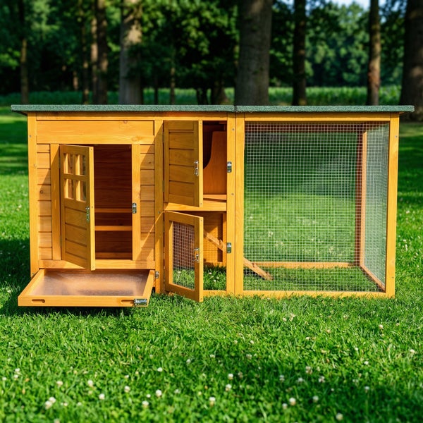 Zweistöckiger Kleintierstall aus Holz mit Freilaufgehege und ausziehbarer Bodenwanne auf einer Rasenfläche.