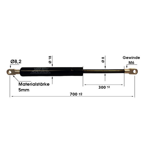 Gasdruckfeder mit Maßangaben: Länge 700 Millimeter, Hub 300 Millimeter, Zylinderdurchmesser 18 Millimeter, Kolbenstange 8 Millimeter, Gewinde M6.