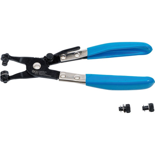 Schlauchschellenzange mit blauen Griffen und zwei Befestigungselementen