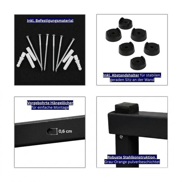Inklusive Montagematerial, Abstandshalter und Details der pulverbeschichteten Stahlkonstruktion mit 0,6 Zentimeter großen vorgebohrten Löchern.
