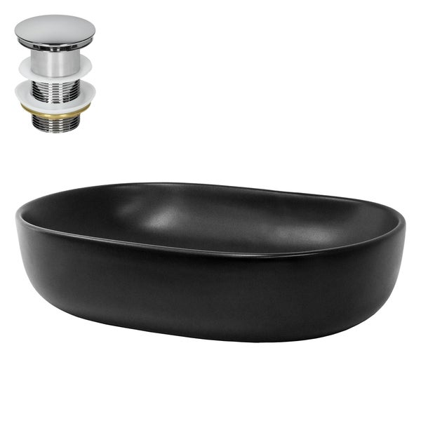 ML-Design Waschbecken aus Keramik in Schwarz matt 600 x 425 x 145 mm mit Ablaufgarnitur, Ovale Aufsatzwaschbecken, Moderne Waschtisch, Waschschale Waschplatz Handwaschbecken, für Badezimmer/Gäste-WC