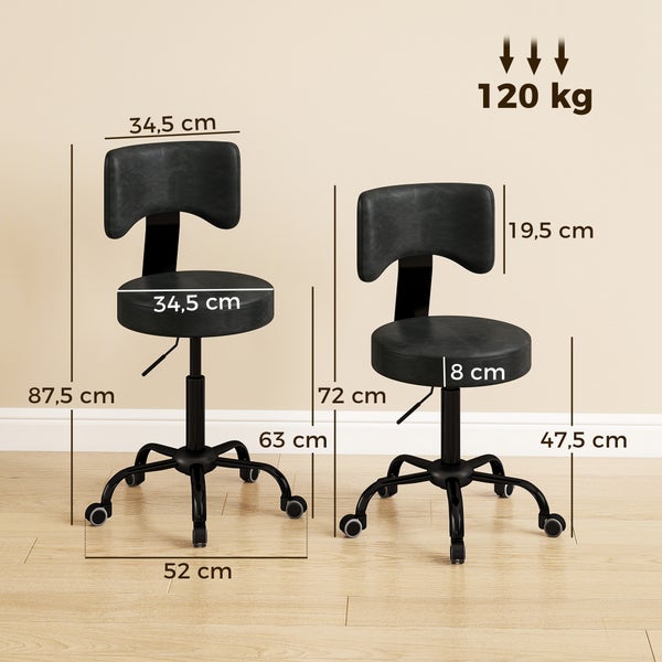 Zwei höhenverstellbare Arbeitshocker mit Rückenlehne und Rollen, inklusive Maßangaben und einer maximalen Belastbarkeit von 120 Kilogramm.