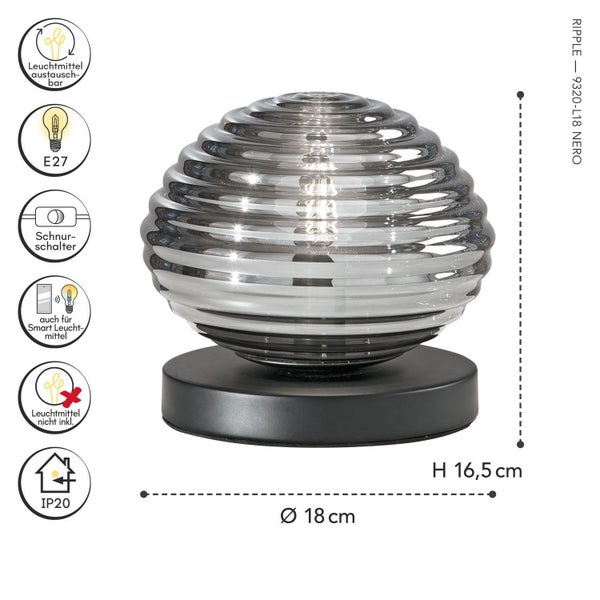 Tischleuchte Ripple, gerippter Schirm aus Rauchglas, schwarzer Sockel, Durchmesser 18 Zentimeter, Höhe 16,5 Zentimeter, Fassung E27, Schnurschalter.