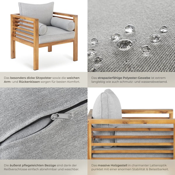 Garten-Loungesessel mit Holzgestell und grauen Polstern, wasserabweisendem Stoff und abnehmbaren Bezügen mit Reißverschluss.