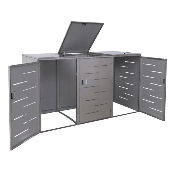 Fahrradbox aus Metall mit offenen Türen und einem geöffneten Deckel