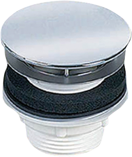 Pop-up-Ablaufventil aus verchromtem Metall und weißem Kunststoff mit schwarzer Dichtung.