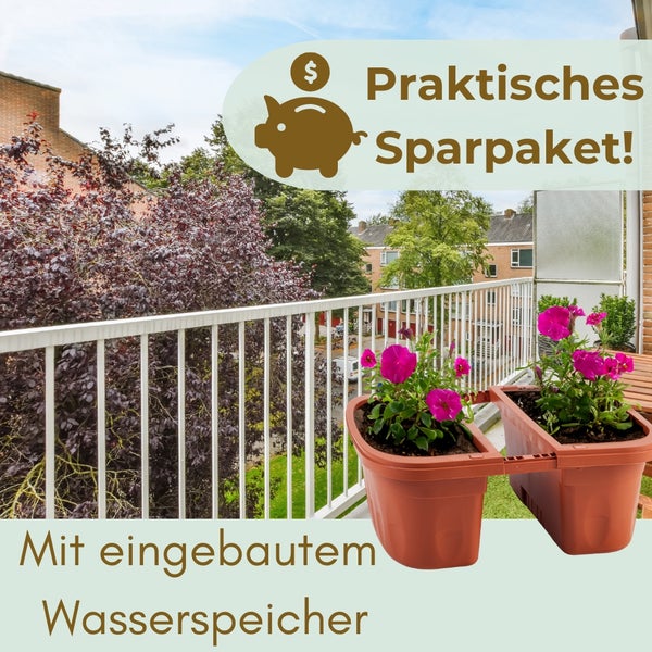 Balkonszene mit praktischem Sparpaket und integriertem Wasserspeicher für Pflanzen