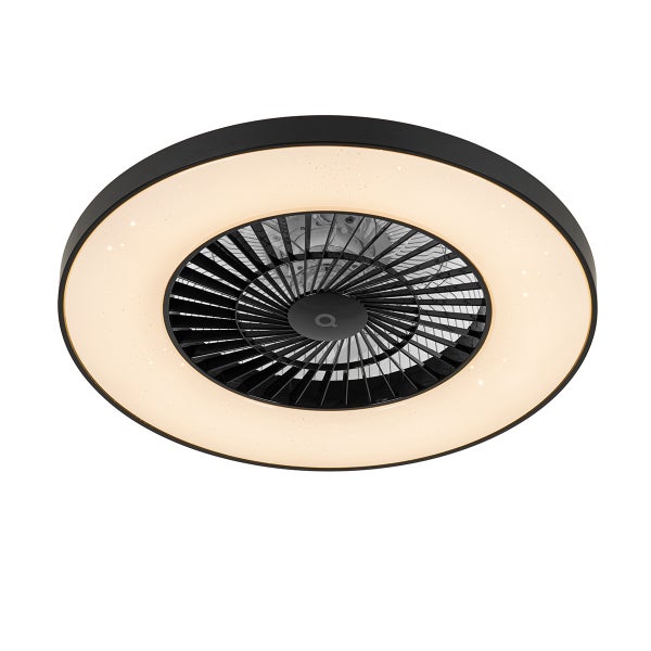 Runder Deckenventilator mit integriertem LED-Lichtring in Schwarz, Sternenhimmel-Effekt.