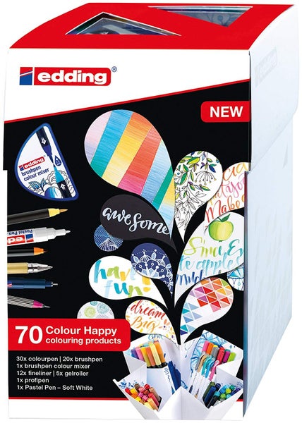 edding Brushpan Colour Happy Set, 70er Set mit Fasermaler, Pinselstifte, Fineliner, Gelroller, Farbmixer und Pastell-Stift