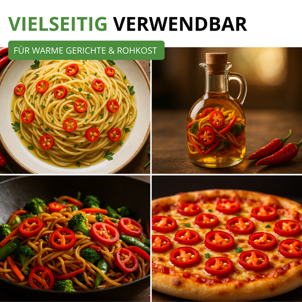 Collage zeigt Anwendungsmöglichkeiten für rote Chiliringe auf Pasta, in Öl eingelegt, in einer Wok-Pfanne und auf Pizza.