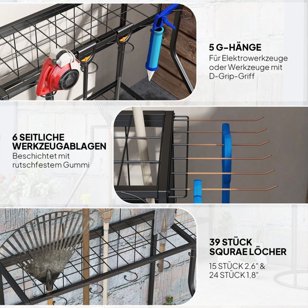 Multifunktionaler Garten Geräte-Organisator mit Gartengeräten wie Schaufel, Laubrechen, Besen und Gießkanne