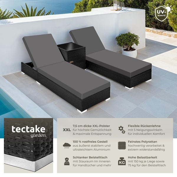2er Set Rattan Sonnenliegen tectake  wetterfest und UV-beständig mit Aluminiumgestell schwarz