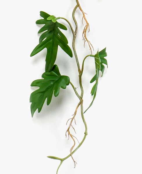 Künstlicher Philodendron Hänger mit grünen gelappten Blättern und detailreichen Luftwurzeln an einer Ranke.