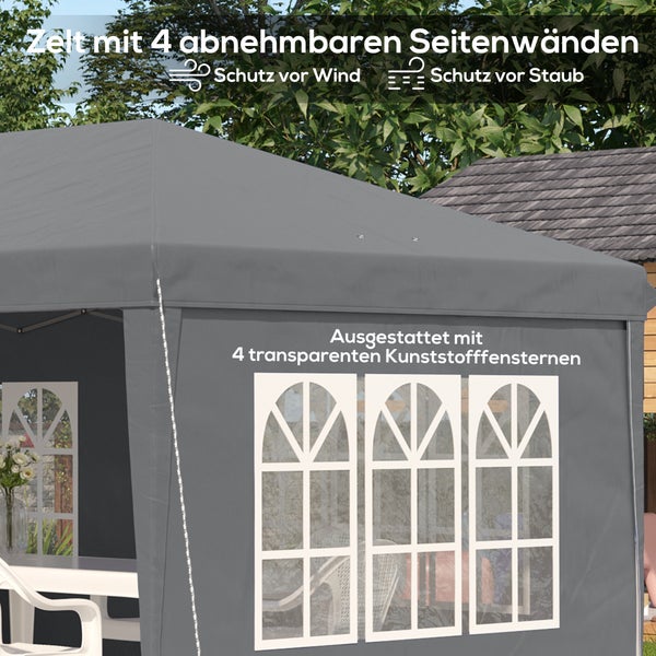 Gartenpavillon mit vier abnehmbaren Seitenwänden und vier transparenten Kunststofffenstern zum Schutz vor Wind und Staub.