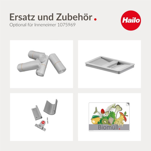 Hailo Ersatzteile und Zubehör für Inneneimer 1075969 inklusive Müllbeutel, Abdeckung, Halterungen und Biomüll Aufkleber.