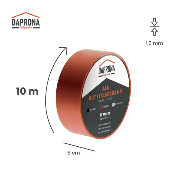 Daprona Aluminium-Butylklebeband in Ziegelrot, 10 Meter lang, 5 Zentimeter breit, 1,5 Millimeter stark, UV-beständig und reißfest.