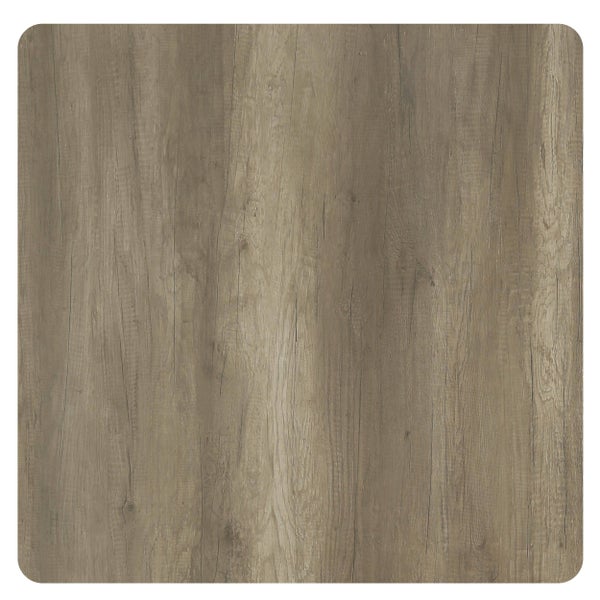 Quadratisches Musterstück in Holzoptik mit rustikaler Eichenmaserung und abgerundeten Ecken.