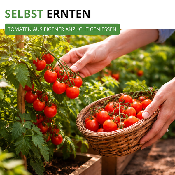 Ernte von reifen Tomaten an einer Pflanze in einen geflochtenen Korb im Garten. Text: Selbst ernten und Tomaten aus eigener Anzucht genießen.