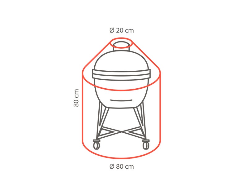 Technische Zeichnung eines Kugelgrills mit den Maßen: 80 cm Höhe, 80 cm Durchmesser unten und 20 cm Durchmesser oben.