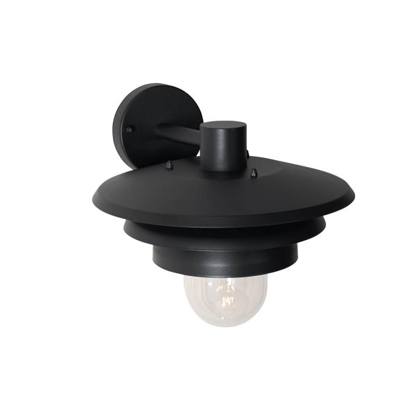 Außenwandleuchte aus Metall, schwarz matt, gestufter Schirm, mit Glaskolben.