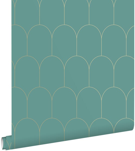 ESTAhome Tapete Art Decó Muster Meeresgrün und Gold - 53 cm x 10.05 m - 139204