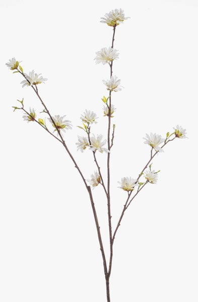 Künstlicher Sternmagnolienzweig mit weißen Blüten und grünen Blättern an braunen Ästen.