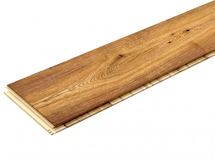 Holzdiele aus Eiche mit ausgeprägter Maserung und natürlichen Astlöchern.