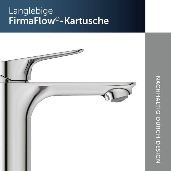 Detailansicht einer Waschtischarmatur aus Metall mit Hebel und integrierter Kartusche.
