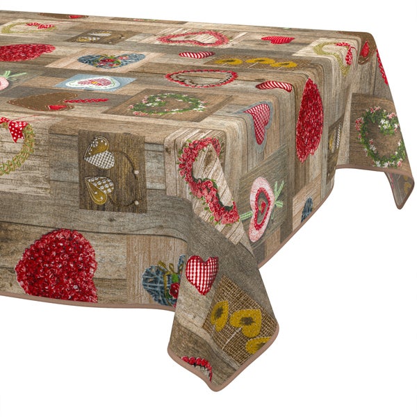 Rechteckige Tischdecke mit Holzoptik und verschiedenen Herzmotiven.