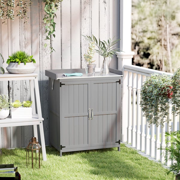 Outsunny Gartenschrank Holz, Geräteschuppen wetterfest 74x43x88cm, Gerätehaus mit Klappdach Ablagen, Arbeitsfläche, Geräteschrank, Gartenhaus Werkzeugschrank Gartenschuppen für Garten, Grau