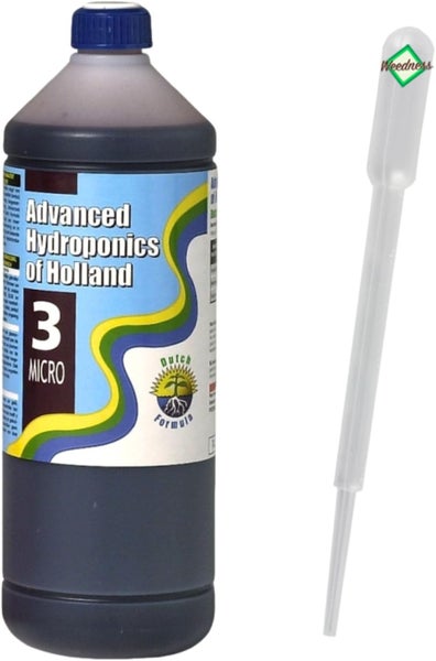 Flasche Advanced Hydroponics of Holland Dutch Formula 3 Micro Hydroponik-Dünger inklusive einer Pipette mit Weedness Logo.