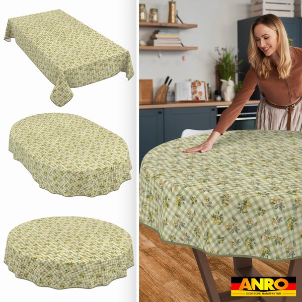 Karo-Tischdecke mit Zitronen-Motiv in rechteckiger, ovaler und runder Form sowie in einer Küchenszene auf einem Esstisch. ANRO Logo.