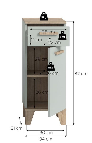 Maßzeichnung eines Hochschranks mit Tür, Schublade, Ablagefächern und Angaben zu Abmessungen sowie maximaler Belastbarkeit in Kilogramm.