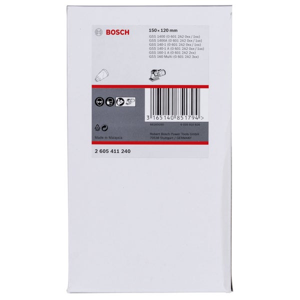 Bosch Logo auf Verpackung für Schwingschleifer-Zubehör, 150 mal 120 Millimeter, passend für GSS Modelle, mit Sicherheitshinweisen.