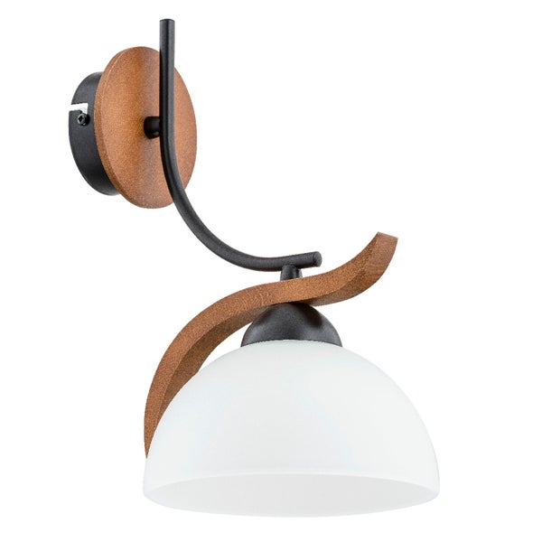 Wandleuchte mit gebogenem Arm aus Metall und Holzoptik sowie einem halbkugelförmigen Glasschirm für Wohnräume.