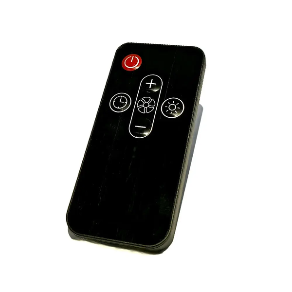 Schwarze Fernbedienung für Deckenventilatoren mit Tasten für Ein und Aus, Timer, Licht und Gebläsegeschwindigkeit.
