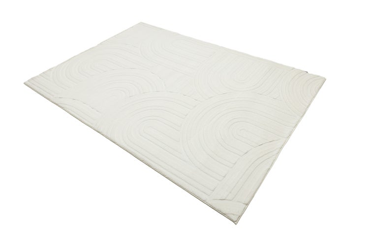 Rechteckiger Teppich mit modernem, geometrischem Bogenmuster.