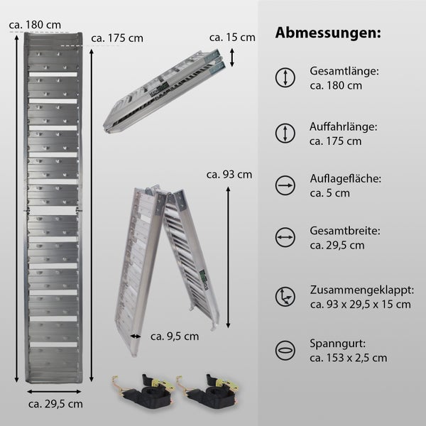 TRUTZHOLM 2 x Auffahrrampe klappbar 180 cm Traglast 400 kg Alu grau geriffelt/ gelocht Verladerampe