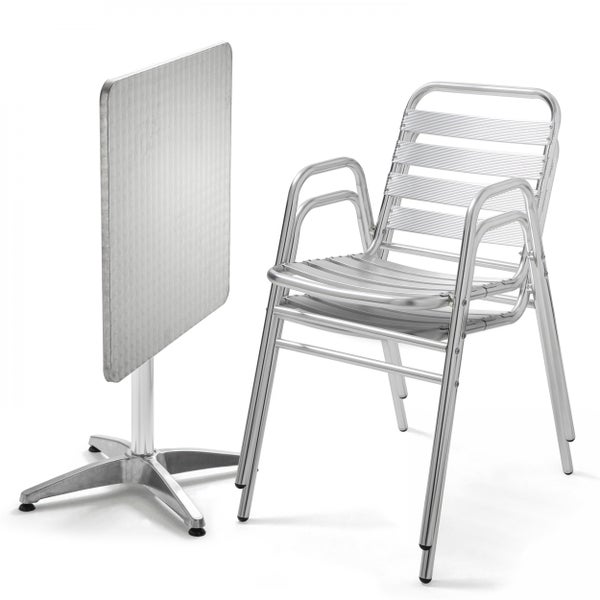 Quadratischer Bistrotisch aus Aluminium mit strukturierter Tischplatte und Mittelfuß.