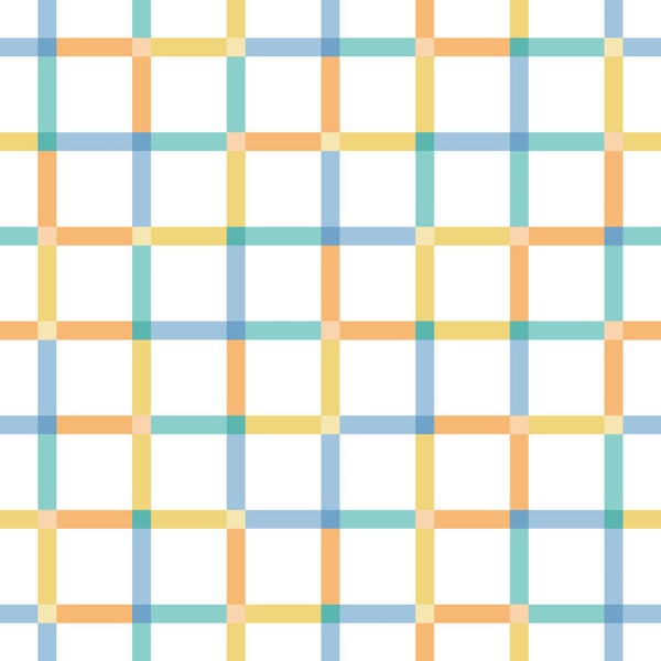 Kariertes Muster mit blauen, grünen, gelben und orangefarbenen Linien in Gitteroptik.